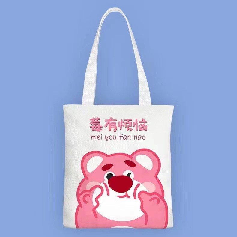 Túi Đeo Vai Vải Canvas Họa Tiết Gấu Và Dâu Tây Dễ Thương Cho Nữ