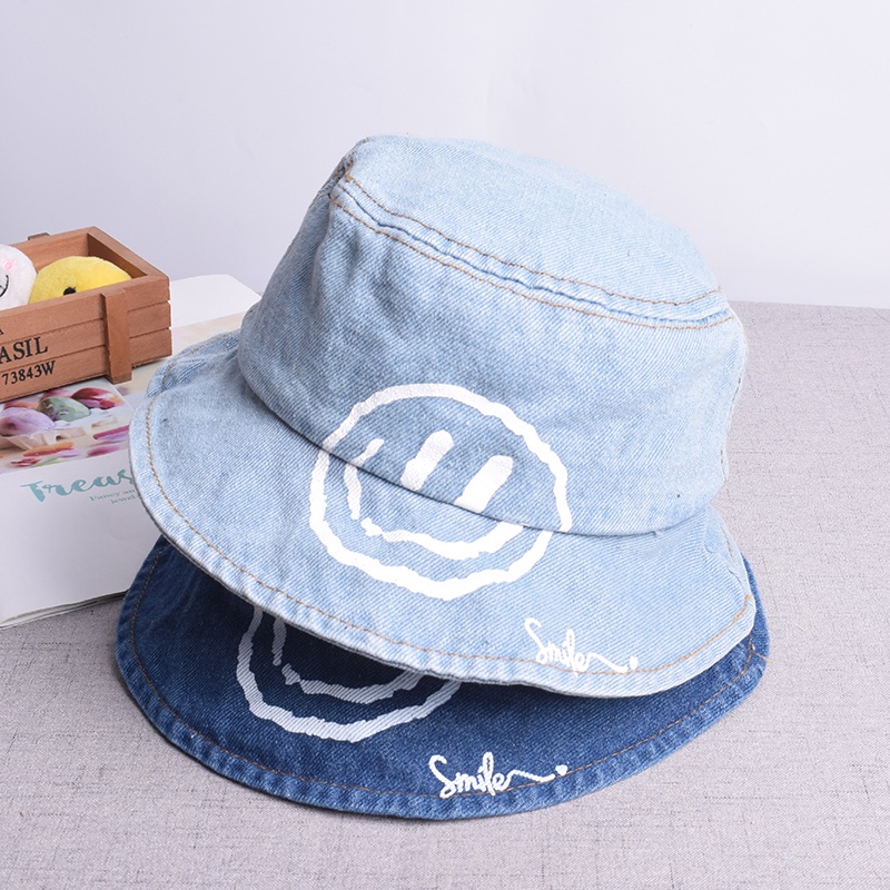 Mũ bucket denim chống nắng hình mặt cười năng động cho bé trai/ gái phong cách Hàn Quốc
