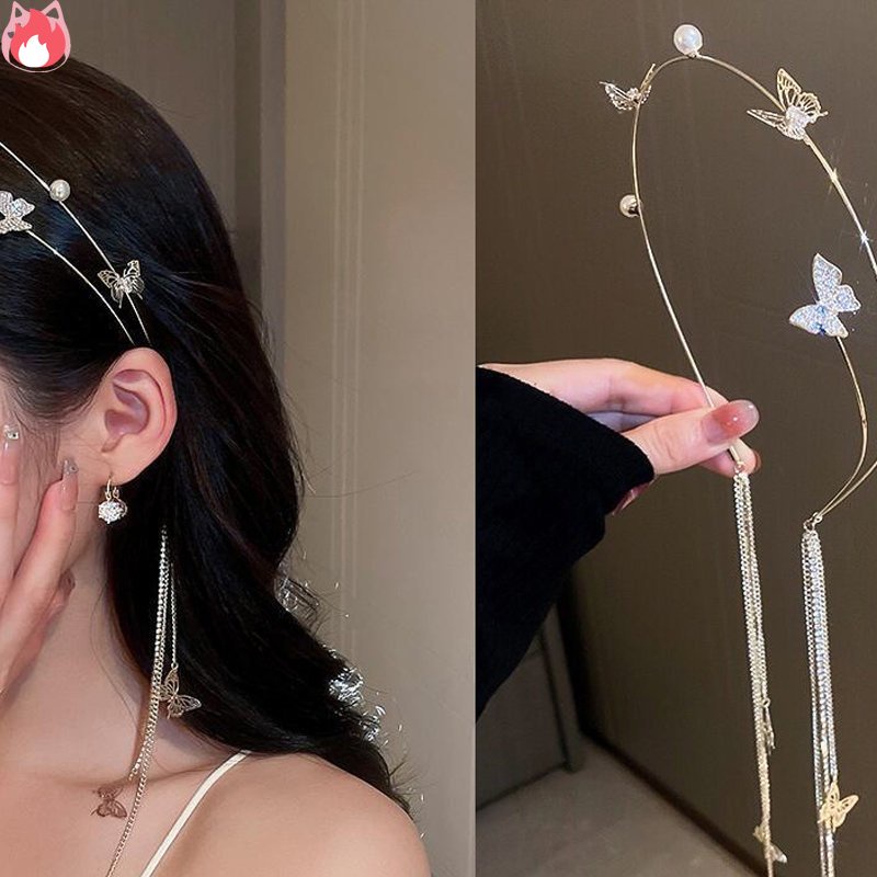 Băng Đô Cài Tóc Dáng Dài Bằng Kim Loại Mỏng Màu Vàng Hình Bướm Đính Đá Và Ngọc Trai Phong Cách Hàn Quốc Cho Nữ