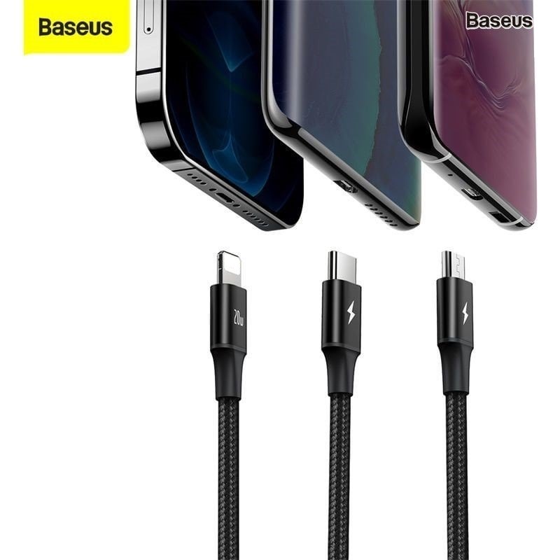 Cáp Sạc Nhanh 20W 3 Đầu Baseus Dây Bọc Dù Siêu Bền Đa Năng 3 In 1 Cho Nhiều Dòng Máy Smartphone , Máy Tính Bảng...
