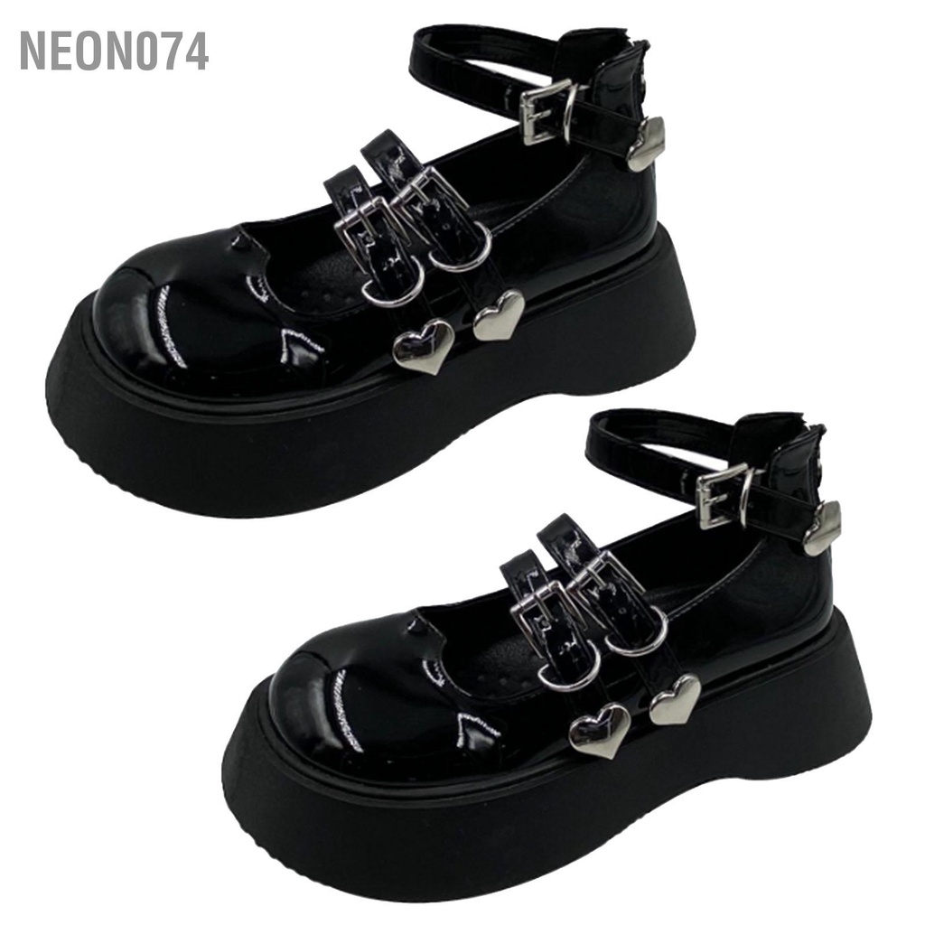Neon074 Giày Cổ Điển Màu Đen Nền Phẳng Mũi Tròn Dây Đeo Mắt Cá Chân Chunky Cho Nữ Cô Gái