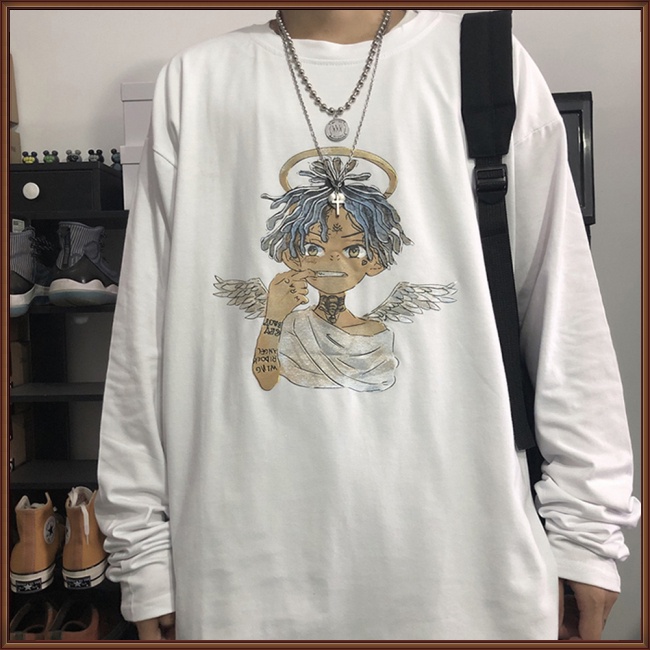 Áo Thun Tay Dài Cổ Tròn Dáng Rộng Vải Cotton In Hoạt Hình Thời Trang Cá Tính Cho Nam