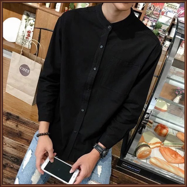 Áo Sơ Mi Cotton Lanh Cổ Đứng Tay Dài Dáng Rộng Đơn Giản Thanh Lịch Cho Nam Giới