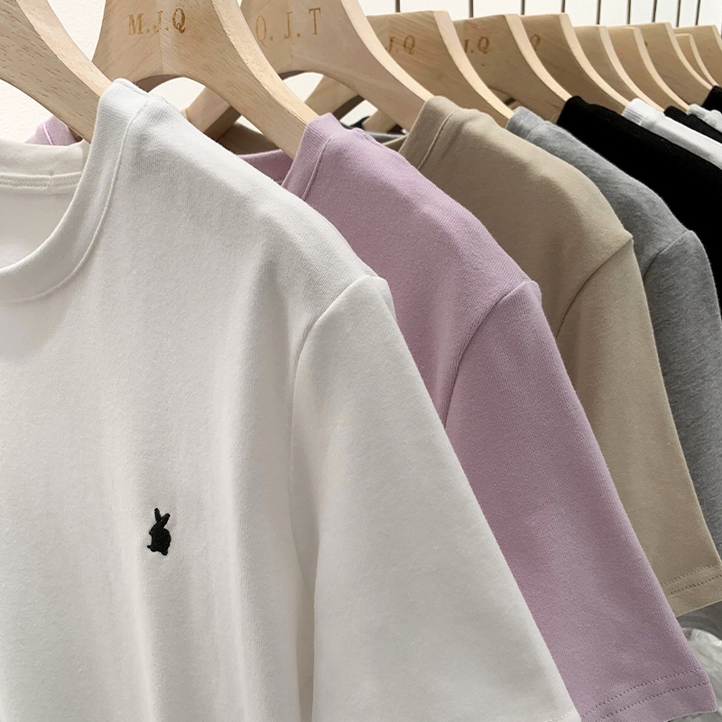 Suxi Áo Thun Tay Ngắn Cổ Tròn Dáng Rộng Thêu Hình Thỏ Đơn Giản Thời Trang Mùa Hè