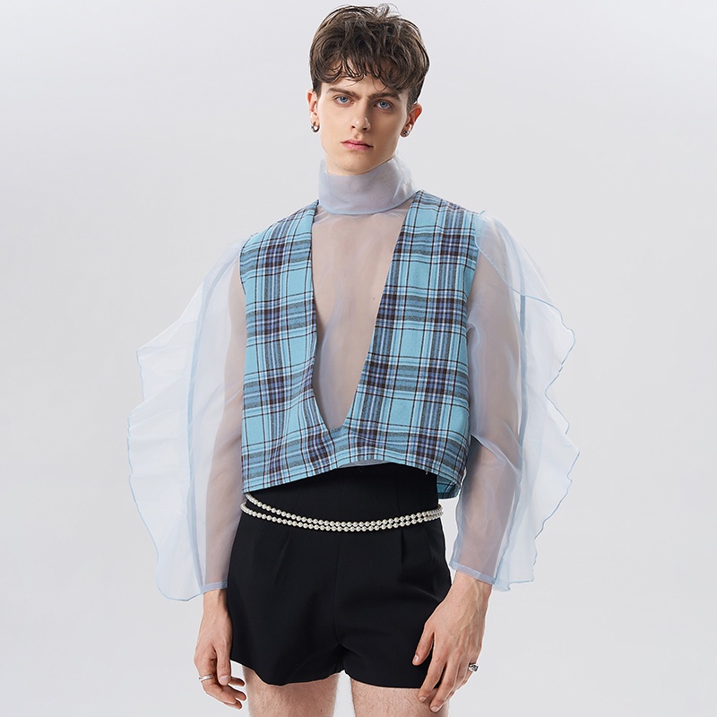 Set đồ INCERUN gồm áo tay phồng + áo sát nách sọc ca rô thời trang xinh xắn cho nữ