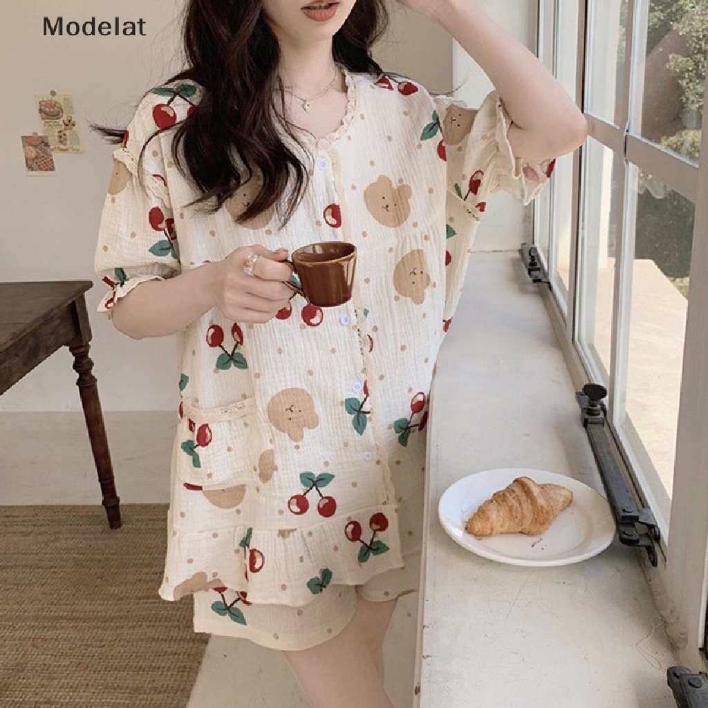 Mfc Bộ Đồ Ngủ 2 Món Tay Ngắn Cổ Bẻ In Họa Tiết Hoạt Hình Chú Gấu / Cherry Đáng Yêu Thời Trang Mùa Hè Cho Nữ