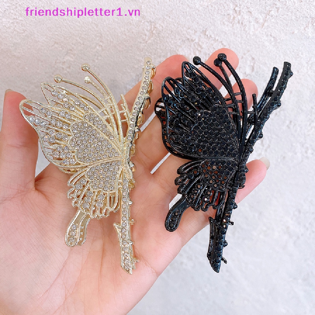 Kẹp Tóc Hình Bướm Đính Kim Cương Giả Màu Vàng Phong Cách Vintage Thanh Lịch Cho Nữ