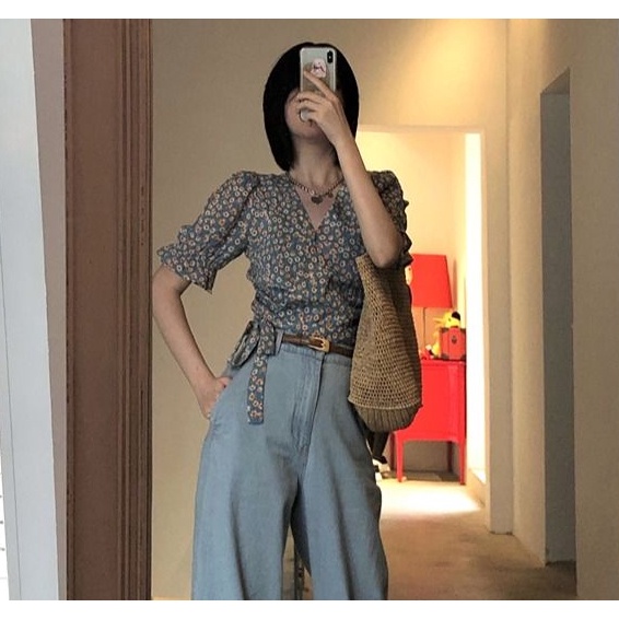 Áo Sơ Mi Chiffon Tay Phồng Ngắn Dáng Rộng Cổ Chữ V In Họa Tiết Hoa Phong Cách Hàn Quốc Thời Trang Mùa Hè Cho Nữ