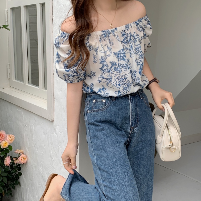 SUXI Áo Sơ Mi Trễ Vai Dáng Rộng In Họa Tiết Thời Trang Hàn Quốc Cho Nữ