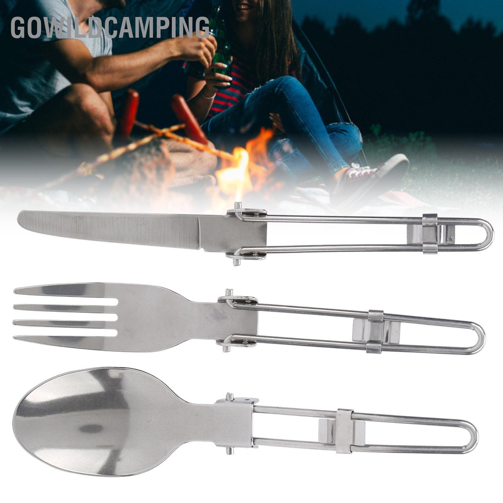 GoWildCamping 3 trong 1 di động dã ngoại bằng thép không gỉ có thể gập lại dao muỗng nĩa Đồ dùng ngoài trời