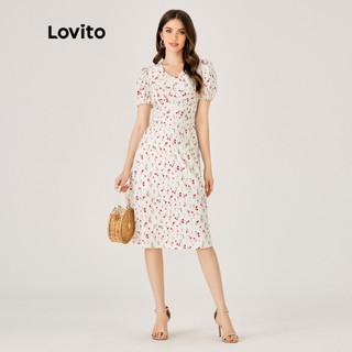 Đầm Lovito họa tiết hoa xếp ly phối nút phía trước tay phồng thời trang cho nữ LNE01051 (nhiều màu sắc)