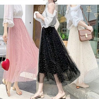  Chân Váy Lưới 2 Lớp Đính Kim Sa Lấp Lánh Phong Cách Hàn Quốc Thời Trang Cho Nữ 