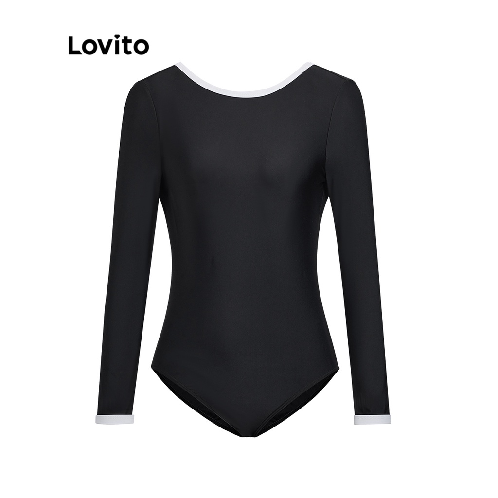 Bộ đồ bơi hai mảnh Lovito hở lưng buộc dây viền tương phản cơ bản màu trơn phong cách thường ngày cho nữ L50AD022 (đen)