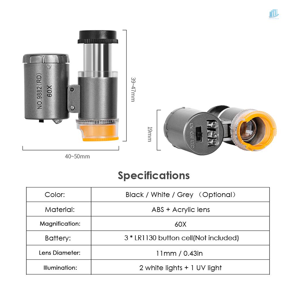 Kính Lúp 60X Kèm 2 Đèn LED Và 1 Đèn UV Có Thể Điều Chỉnh Độ Dài Cho Thợ Làm Trang Sức / Thợ Làm Đồng Hồ