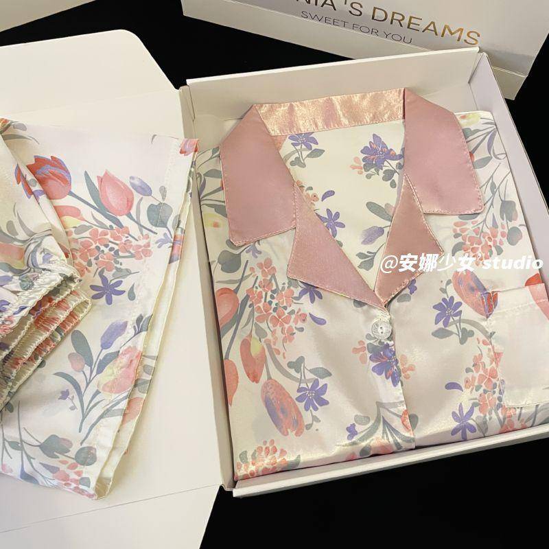 Bộ Đồ Ngủ Áo Tay Ngắn Phối Quần Short Vải Lụa Lạnh In Họa Tiết Thổ Cẩm Kiểu Hàn Quốc Thời Trang Mùa Hè Cho Nữ