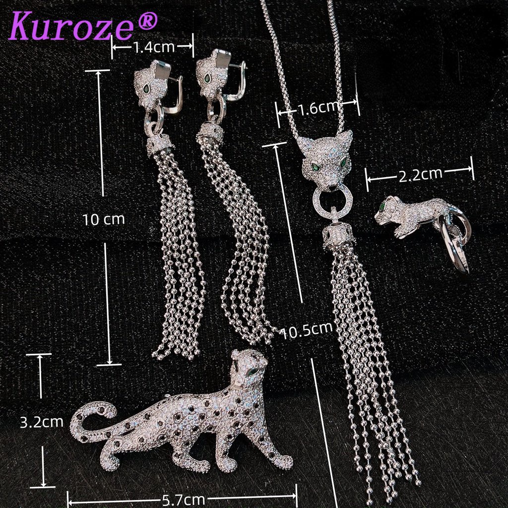 Bông Tai / Vòng cổ Dáng Dài Mặt Hình Đầu Báo Phối Tua Rua Thời Trang Sang Trọng