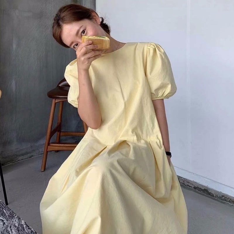 Đầm Dài Dáng Rộng Tay Ngắn Phồng Màu Trơn Đơn Giản Thời Trang Cho Nữ Size M-3XL