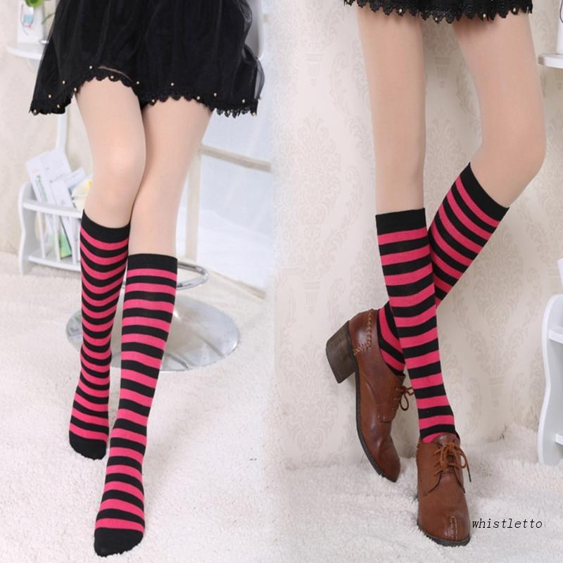 Vớ Cotton Cao Qua Gối Họa Tiết Kẻ Sọc Nhiều Màu Sắc