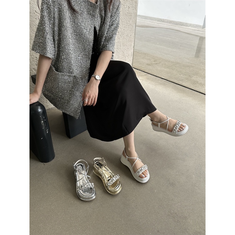 Giày Sandal Đế Xuồng Hở Ngón Quai Đính Đá Lấp Lánh Phong Cách Mới Mùa Hè 2023 Dành Cho Bạn Nữ