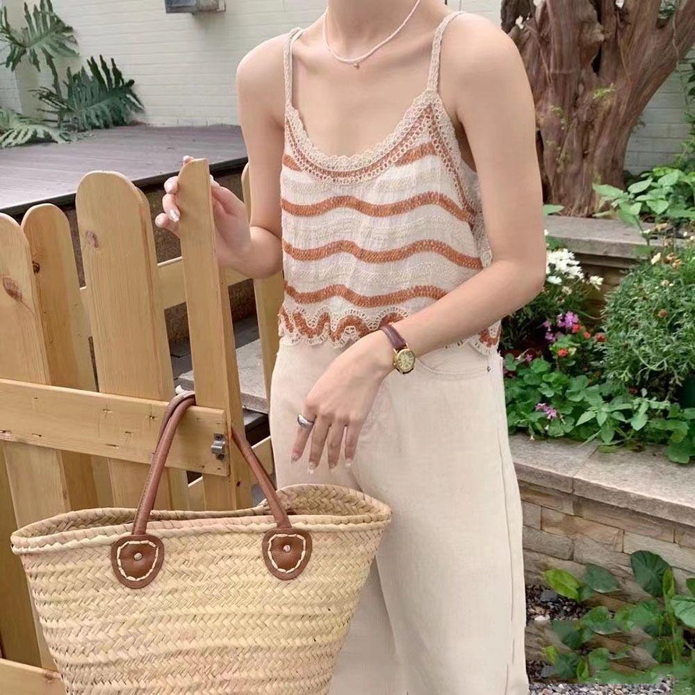 DANES Áo Lửng Hai Dây Hở Lưng Thêu Họa Tiết Kẻ Sọc Thời Trang Mùa Hè Quyến Rũ Cho Nữ