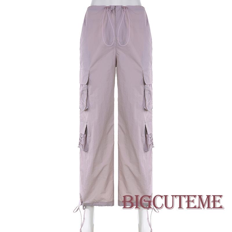 [] - Quần Baggy Dáng Rộng Lưng Vừa Màu Trơn Có Túi Và Dây Rút Cho Nữ