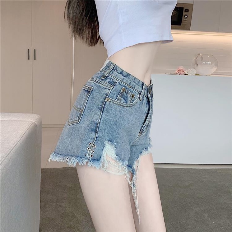 Quần Short Denim Mỏng Dáng Chữ A Lưng Cao Phối Rách Thời Trang Mùa Hè 2023 Cho Nữ