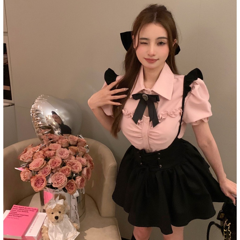 Bộ Áo Sơ Mi Ngắn Tay + Chân Váy Lưng Cao Thời Trang Mùa Hè Dành Cho Nữ