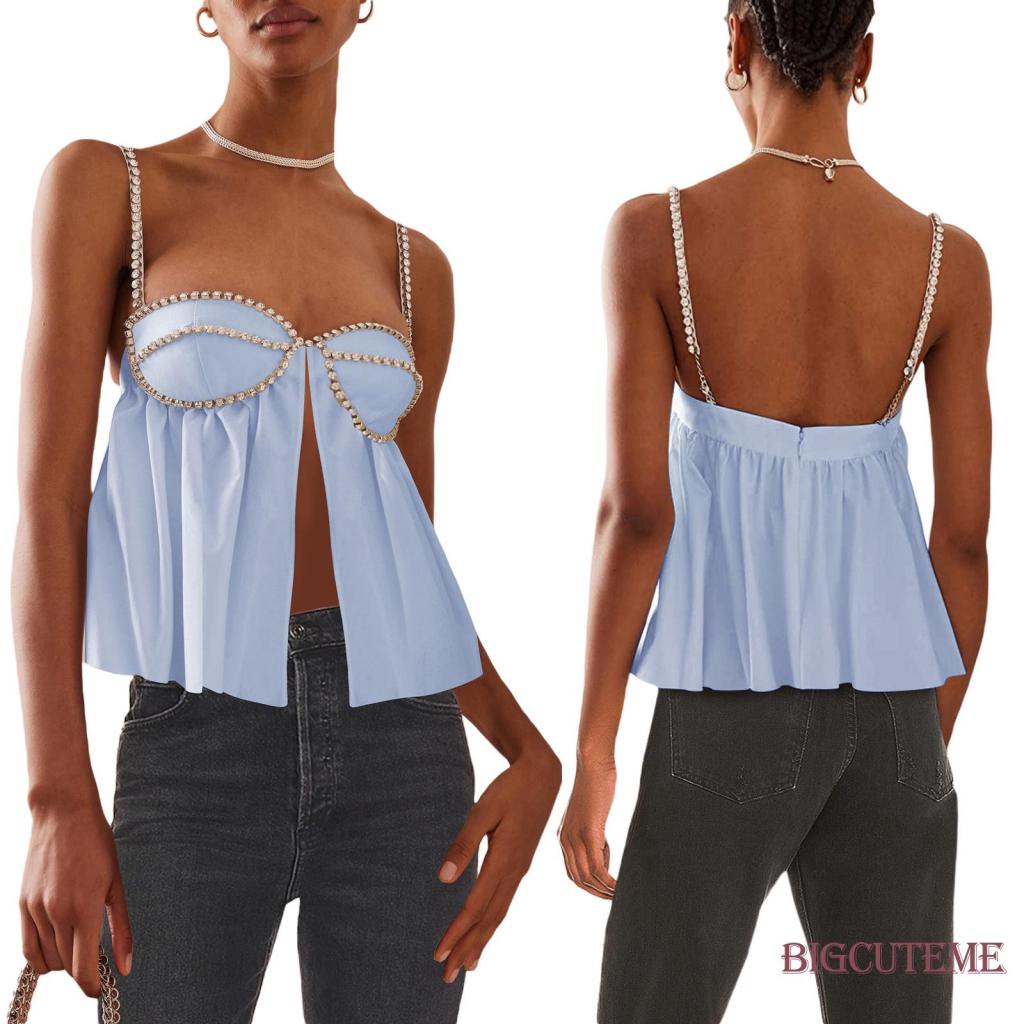 Áo Hai Dây Hở Lưng Đính Đá Thời Trang Đường Phố Mùa Hè Cho Nữ