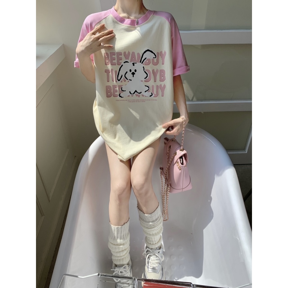 Áo Thun Tay Ngắn Cổ Tròn In Hình Thỏ Nhỏ Dễ Thương Phối Màu Phong Cách Cổ Điển Thời Trang Cho Nữ