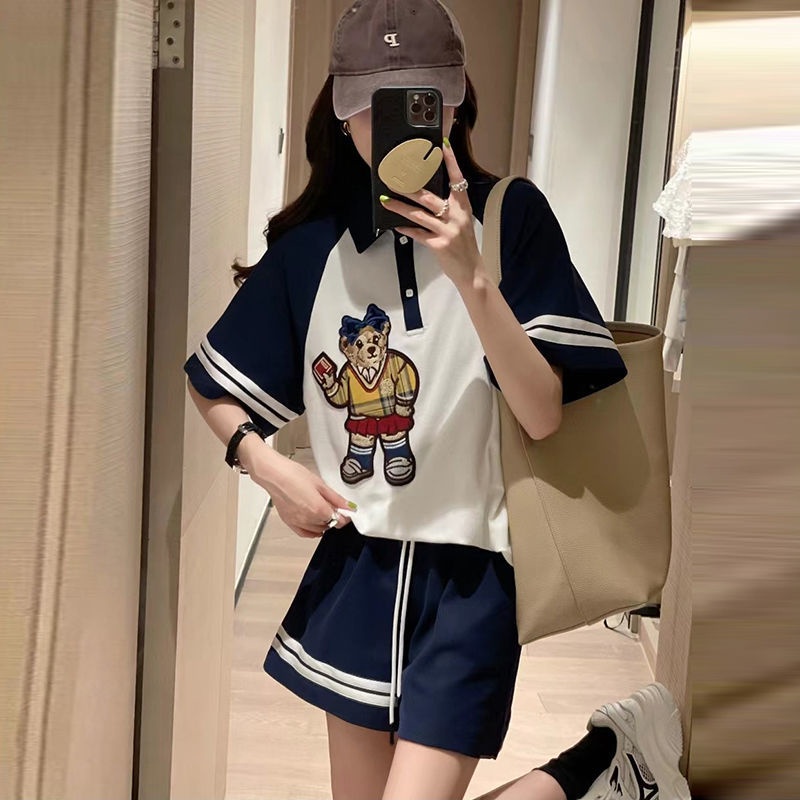 Set Áo Thun Ngắn Tay In Hình Gấu Hoạt Hình Và Quần Short Phong Cách Hàn Quốc Dành Cho Nữ