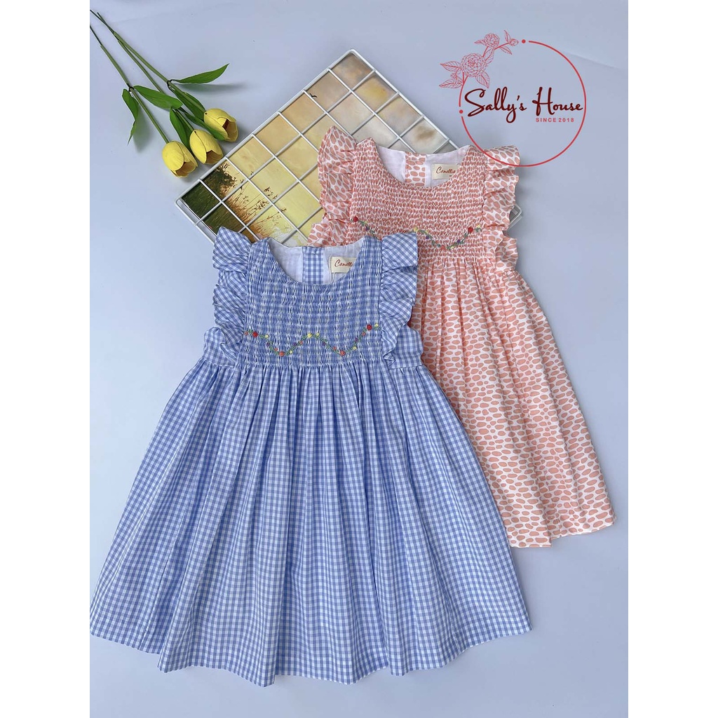 Đầm xích móc cho bé gái, đầm smock tay cánh tiên, hai lớp, đầm bé gái vải cotton mềm min.