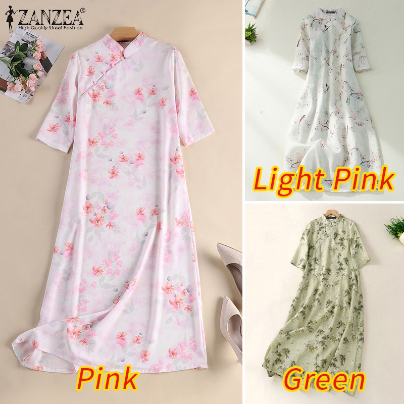 Đầm midi ZANZEA nữ dài tay cổ đứng thời trang Hàn