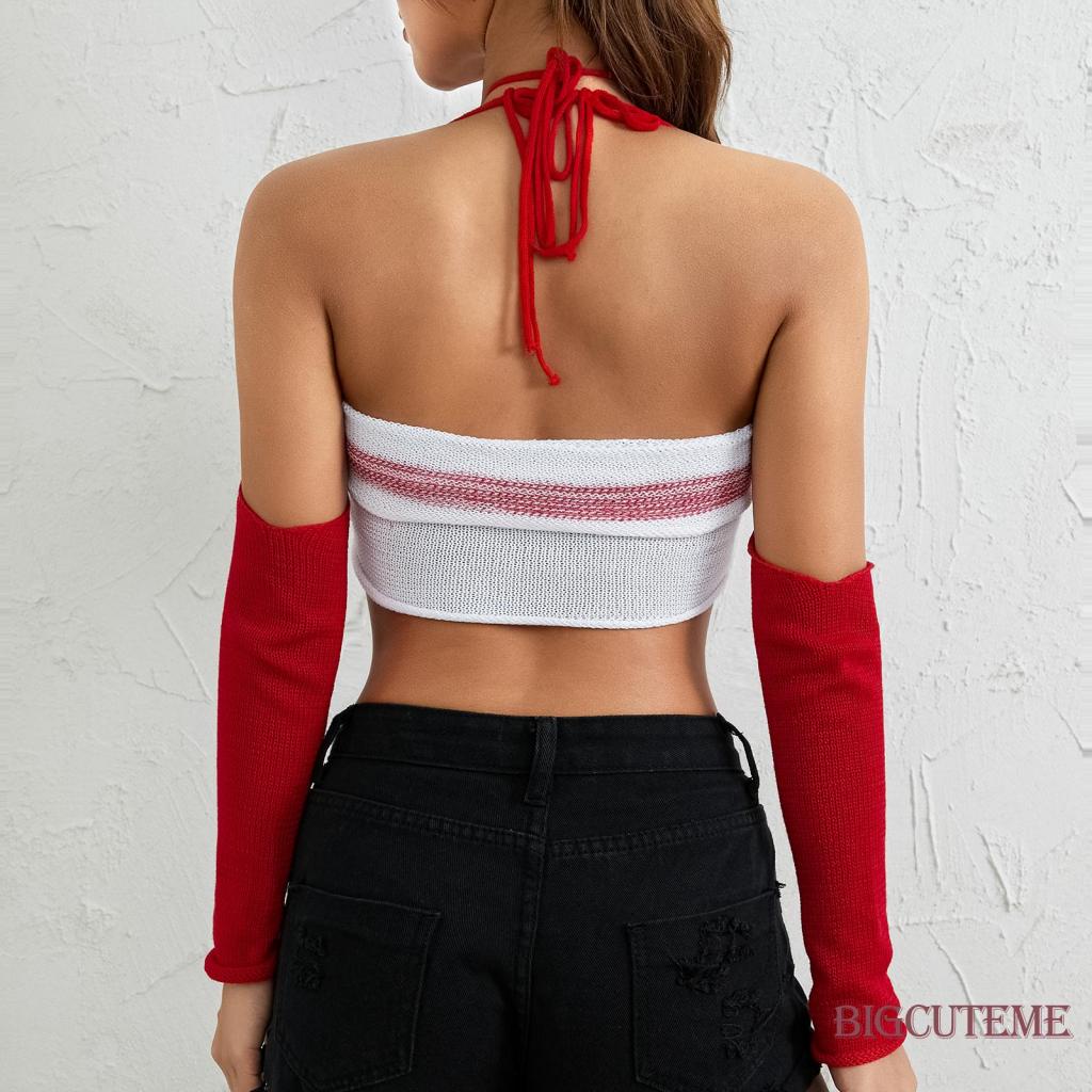 Set Áo Sát Nách Cổ Yếm Đính Hạt + Ống Tay Áo Thời Trang Đường Phố Mùa Hè Cho Nữ