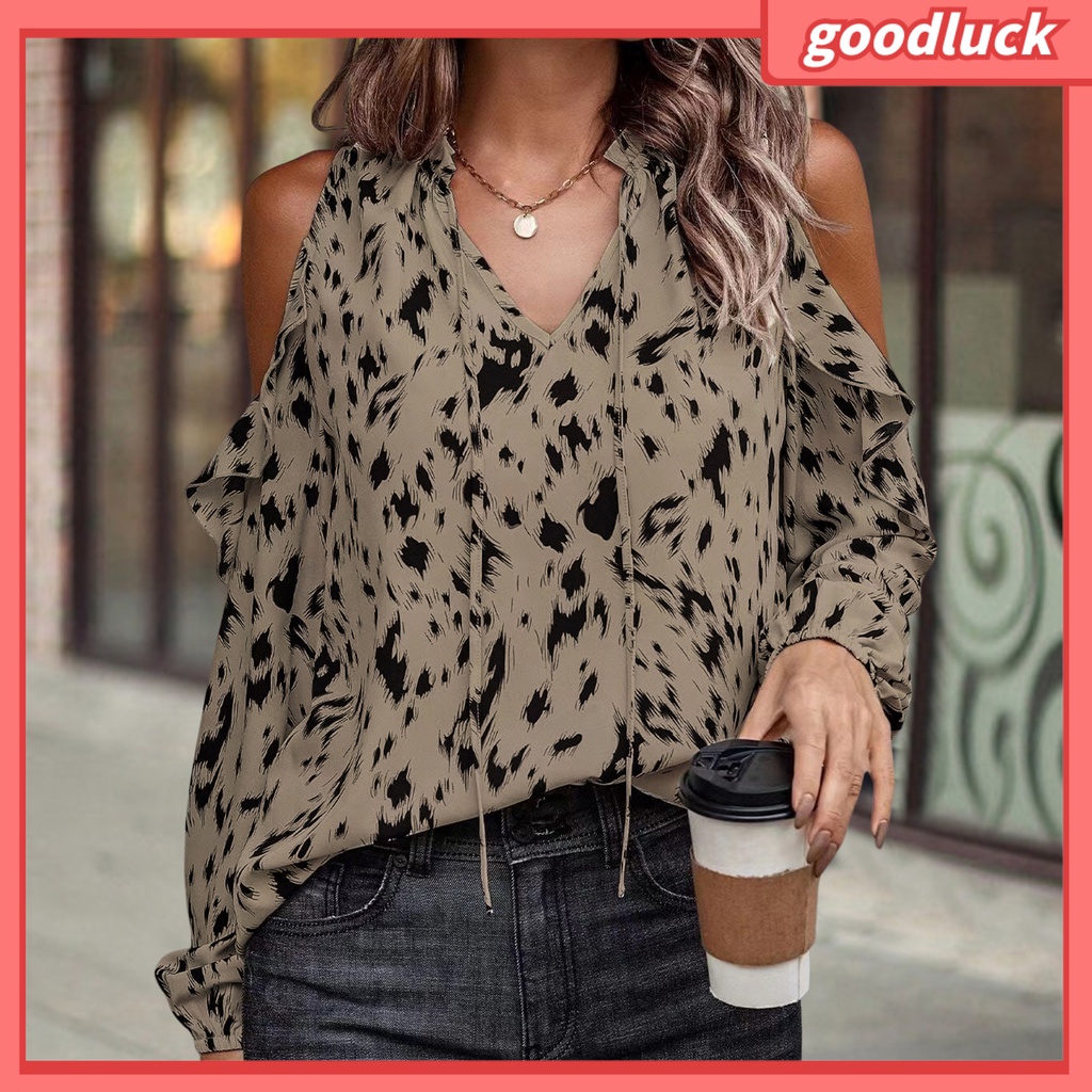 Áo Kiểu Trễ Vai Tay Dài Cổ Chữ V Phối Bèo Màu Sắc Tương Phản Thời Trang Xuân Hè Cho Nữ