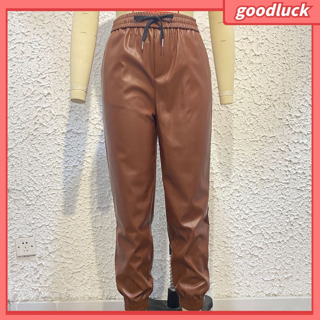 Quần Dài Giả Da Dáng Rộng Màu Trơn Phối Dây Rút Thời Trang Thu Đông Cho Nữ