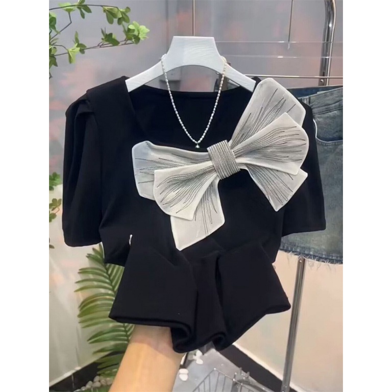 Áo Thun Tay Ngắn Phồng Cổ Vuông Thắt Nơ Dáng Ôm Thời Trang Cho Nữ