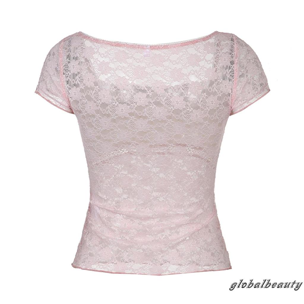 Áo Thun Ngắn Tay Phối Ren Trong Suốt Đính Nơ Thời Trang Mùa Hè Cho Nữ