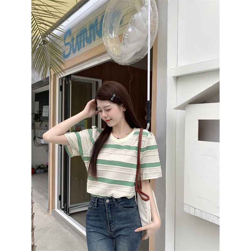 Áo Thun Nữ Ngắn Tay Cổ Tròn Họa Tiết Kẻ Sọc Ngang Phong Cách Hàn Quốc Mới