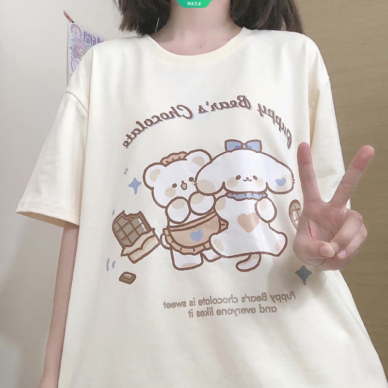 Áo Thun Cotton Tay Ngắn Dáng Rộng In Hình Gấu Hoạt Hình Đáng Yêu Phong Cách Nhật Bản 2023 Cho Bạn Gái