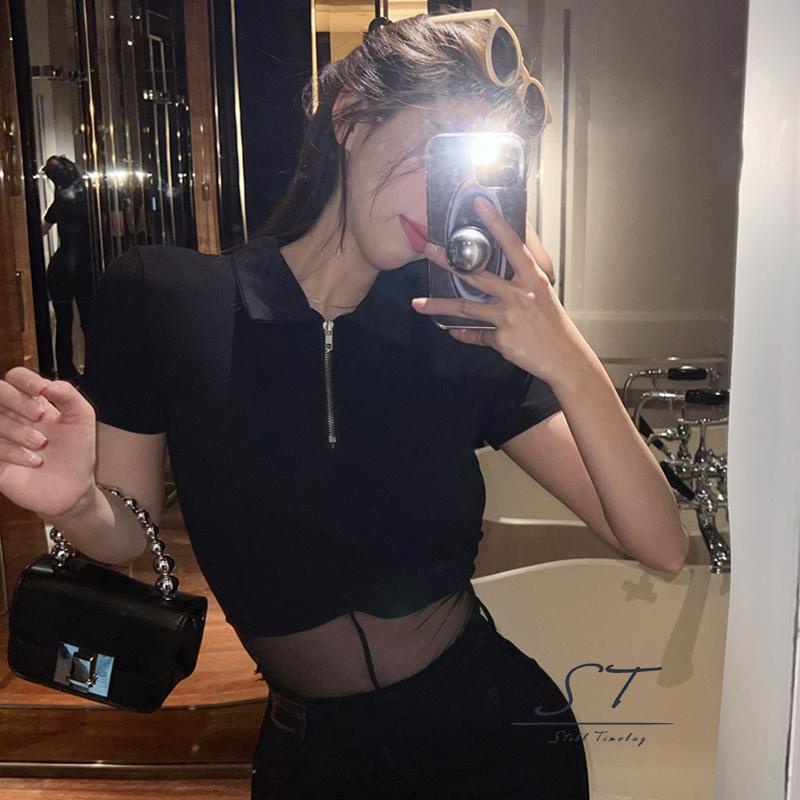 Bộ Áo Liền Quần Tay Ngắn Màu Trơn Phối Lưới Xuyên Thấu Có Khóa Kéo CY03 Thời Trang Cho Nữ