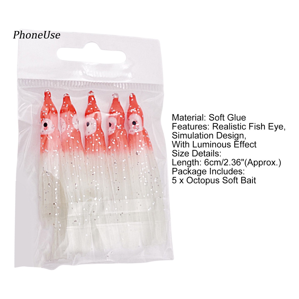Bộ 5 Mồi Câu Cá Giả Hình Bạch Tuộc Mềm Hiệu Ứng Dạ Quang
