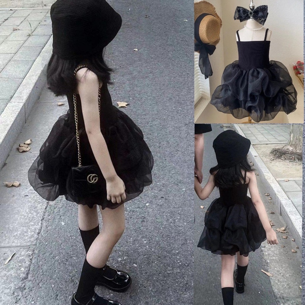 Váy Đen 2 Dây Xòe Bồng Nhiều Tầng Xinh Xắn Dành Cho Bé Gái 8-18kg