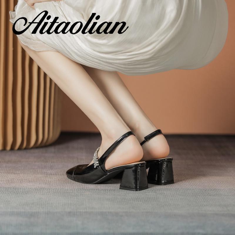 Xăng đan Cao Gót 5cm Bằng Da Bóng Mũi Tròn Đế Mềm Màu Trơn Cho Nữ mary jane