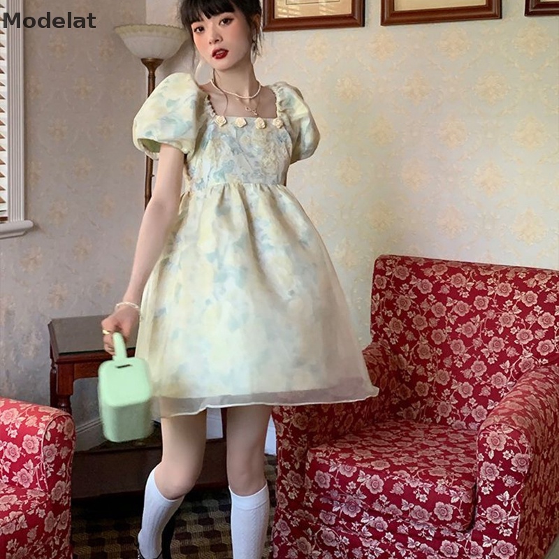 Đầm Mini Cổ Vuông Tay Phồng In Hoa Thời Trang Mùa Hè Cho Bạn Gái