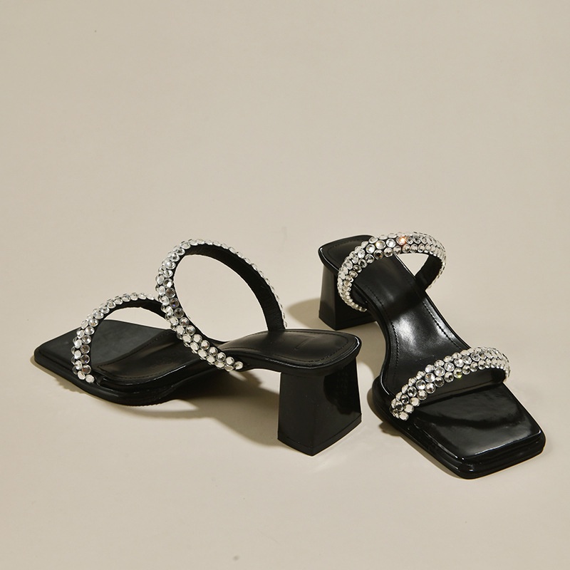 Duoya Tóc Thẳng ~ [Hàng Có Sẵn] Giày Cao Gót Sandal Hở Ngón Đế Dày Quai Đính Đá Rhinestone Dễ Phối Đồ Cho Nữ Miễn Phí Vận Chuyển