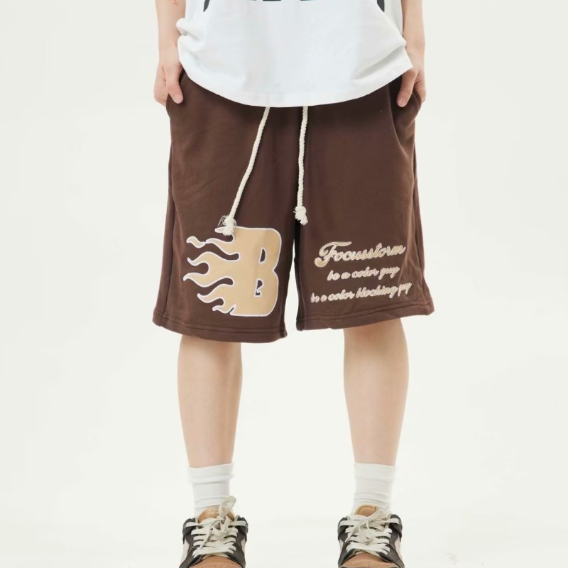 [Chất Lượng Cao] Quần Short Thể Thao Bóng Rổ Thể Thao Mùa Hè Dáng Rộng Dây Rút In Chữ Lửa Màu Cà Phê Hồng Kông Giản Dị