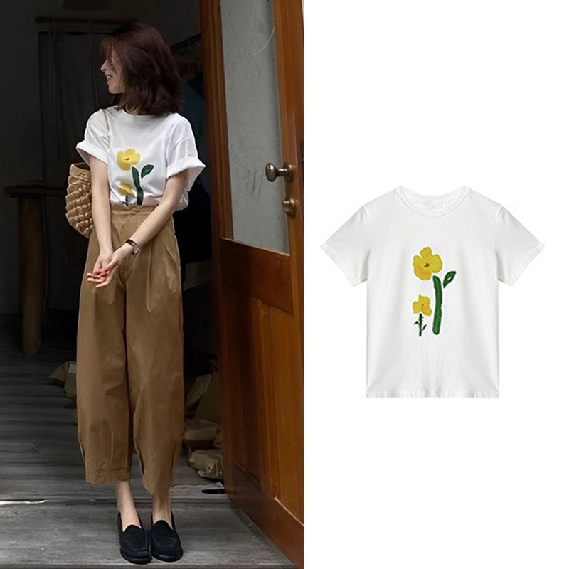 Áo Thun 100% Cotton Tay Ngắn Cổ Tròn In Họa Tiết Phong Cách Hàn Quốc Cho Nữ