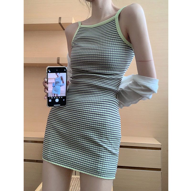 [F &amp; X] Đầm Dệt Kim Hai Dây Dáng Ôm Vừa Vặn Mùa Hè Họa Tiết Kẻ Sọc Gợi Cảm Cho Nữ