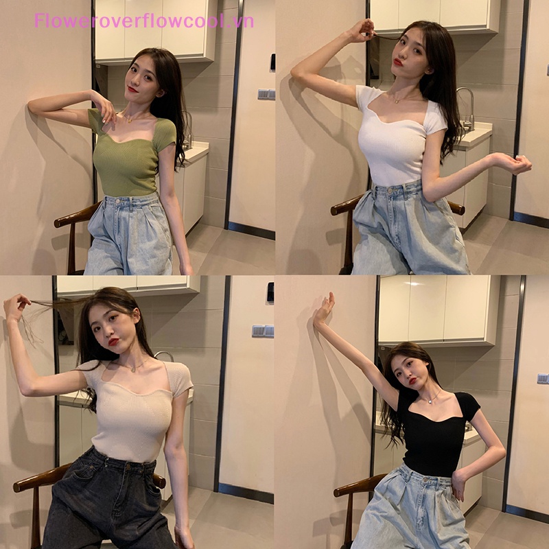 FOFC Sexy Square Neck Knitted T-shirt Summer Women Solid Color Short Sleeve Slim Pullovers HOT