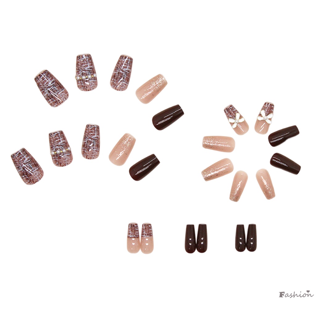 Móng Tay Giả Màu Cà Phê / Thắt Nơ Đính Ngọc Trai Lâu Trôi Chống Thấm Nước An